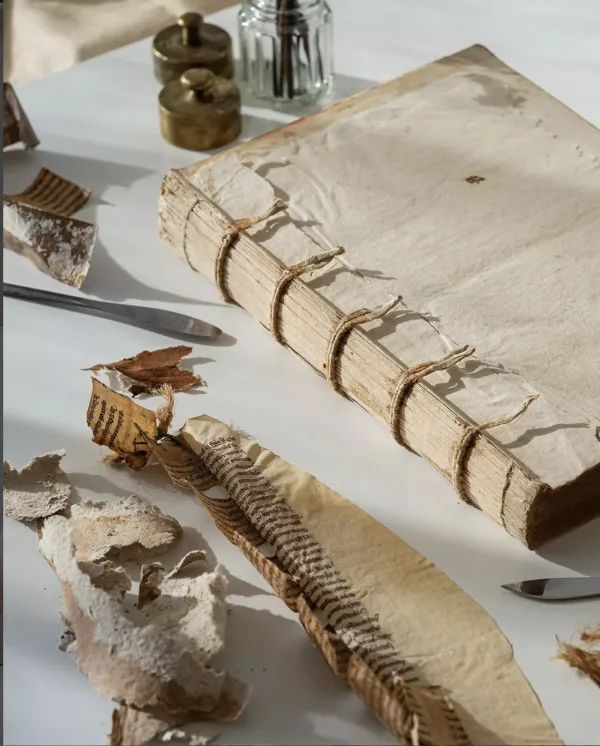 Craftsman hand-binding a luxury graphic novel with leather and European linen